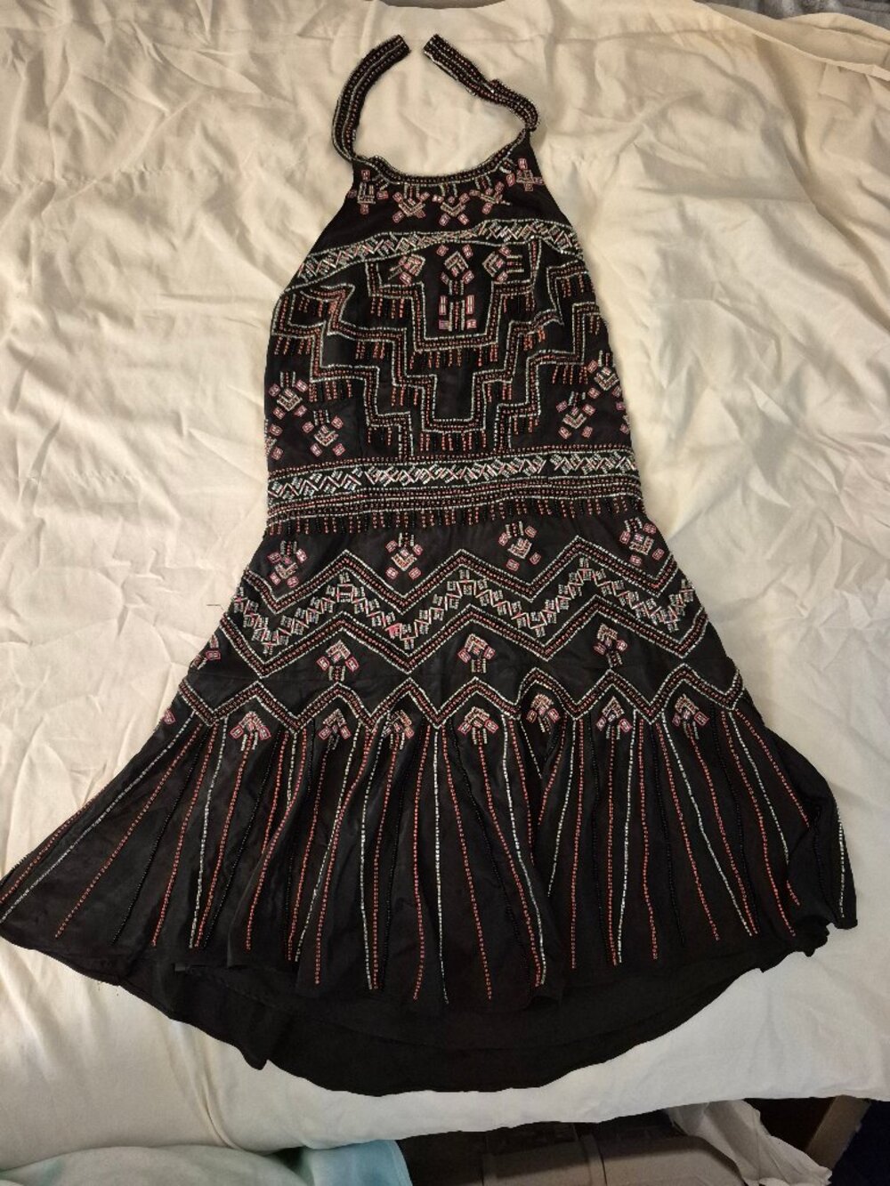 Parker Black Geometric Beaded Halter Mini Dress (Size XS)